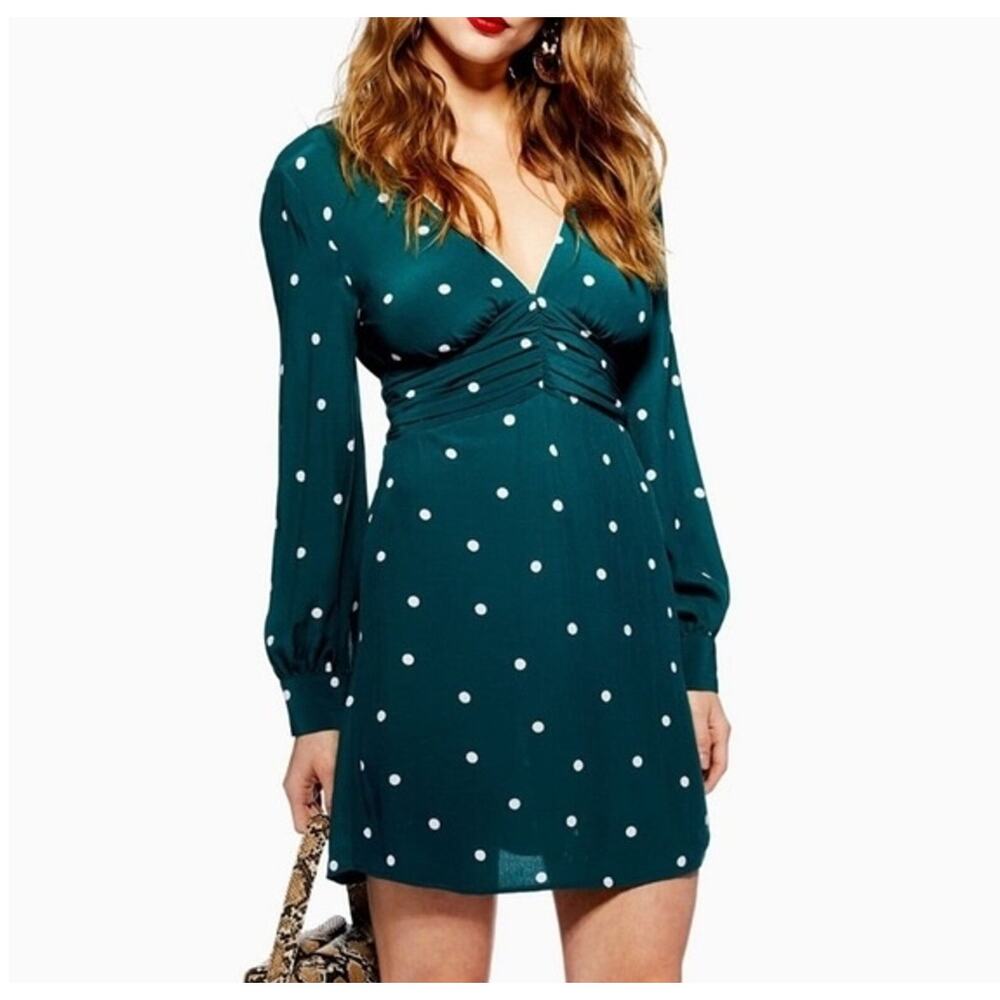 TopShop Polka Dot Rusched Mini Dress | Sz 10, Green & White | NWT $75